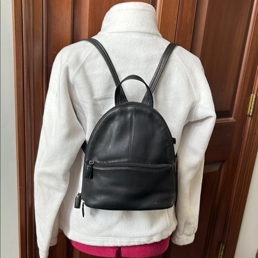 Tignanello backpack  mini backpack leather  black  2 exterior zipper pockets EUC